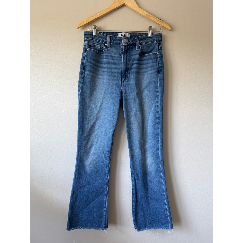 PAIGE Claudine High‎ Rise Ankle Flare Jeans Medium Blue Raw Hem Size 29